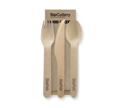 Biopak Wooden 16cm Knife, Fork, Spoon & Napkin Set X100