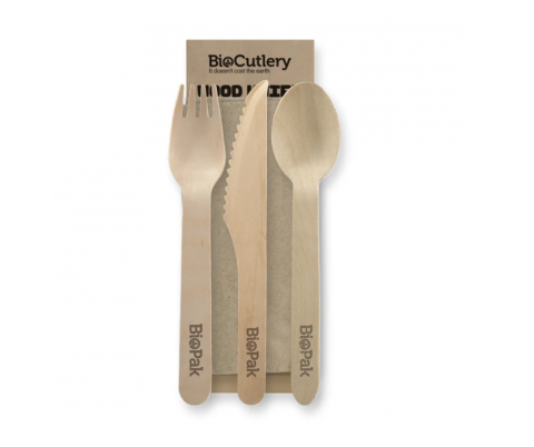 Biopak Wooden 16cm Knife, Fork, Spoon & Napkin Set X100