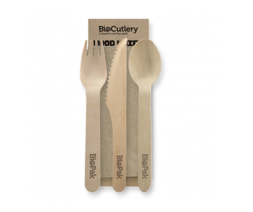 Biopak Wooden 16cm Knife, Fork, Spoon & Napkin Set X100