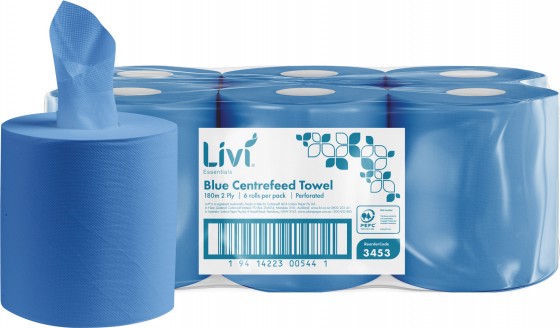 Livi Essentials 2Ply 180m X6 Blue Centrefeed - 3453