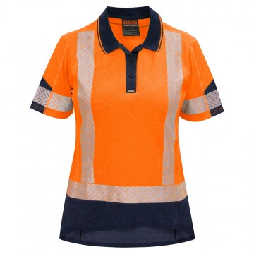 Womens Polo Short Sleeve Day/Night Cotton Backed Orange Navy Size