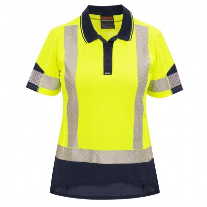 Womens Polo Short Sleeve Day/Night Cotton Backed Yellow Navy Size